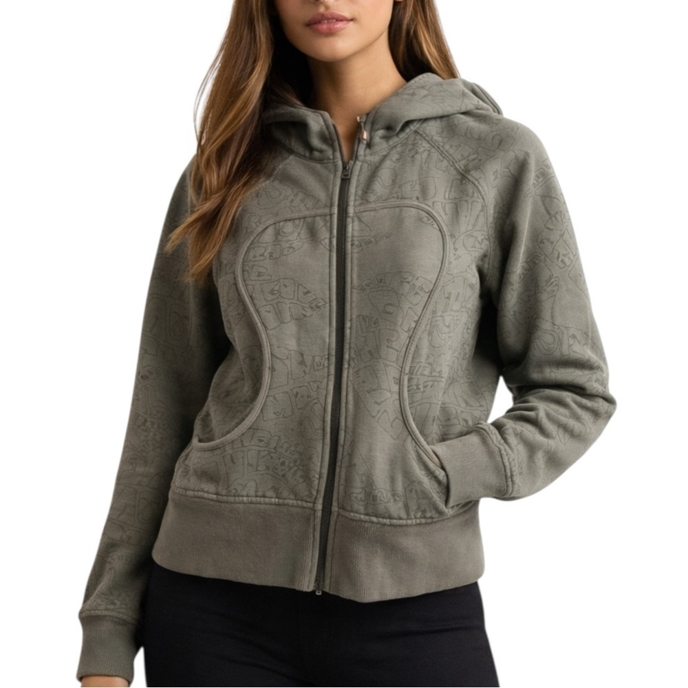 Lululemon Scuba Hoodie Full Zip Size 8 Green Love Peace Revolution Groovy